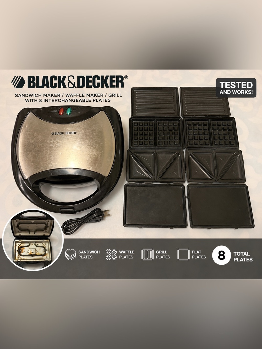 BLACK+DECKER G48TD 3-in-1 Grill Waffle Sandwich Maker 8 Plates Tested Works